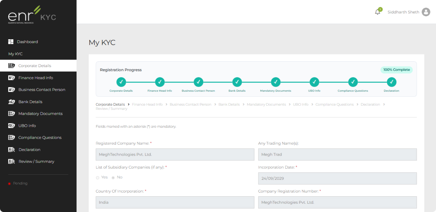 The KYC dashboard, showing counts for in-progress, approved, rejected, and expiring files
