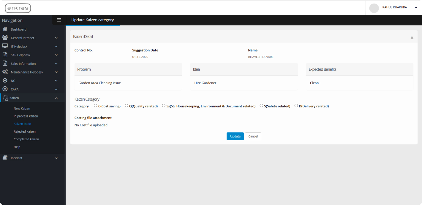 Placeholder wireframe of the Kaizen management dashboard