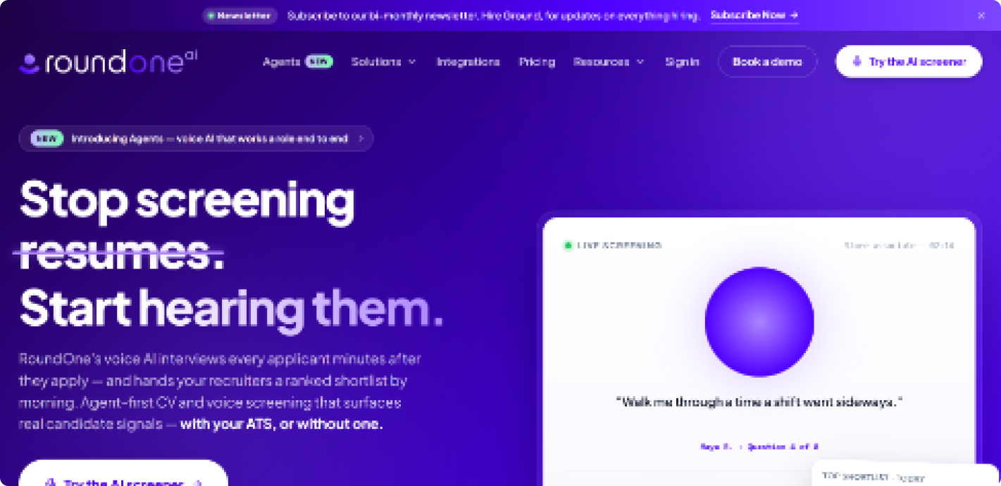 The RoundOne AI dashboard, with a hiring brief written in plain language