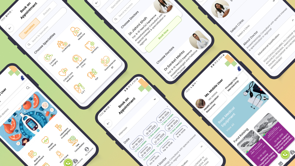 A patient app screen with service tiles, beside request-and-confirm cards